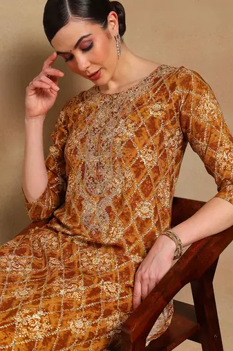 women orange viscose rayon ethnic motifs printed straight kurta