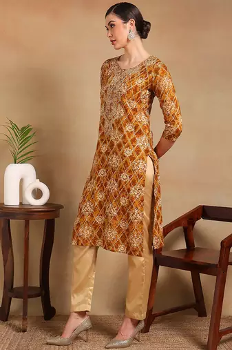 women orange viscose rayon ethnic motifs printed straight kurta