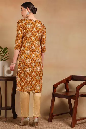 women orange viscose rayon ethnic motifs printed straight kurta