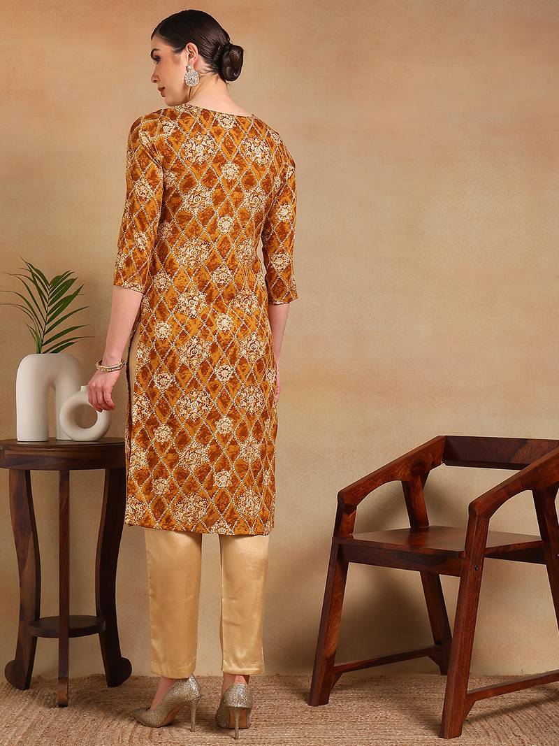 women orange viscose rayon ethnic motifs printed straight kurta