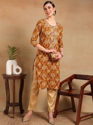women orange viscose rayon ethnic motifs printed straight kurta 5