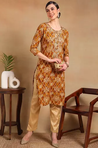 women orange viscose rayon ethnic motifs printed straight kurta