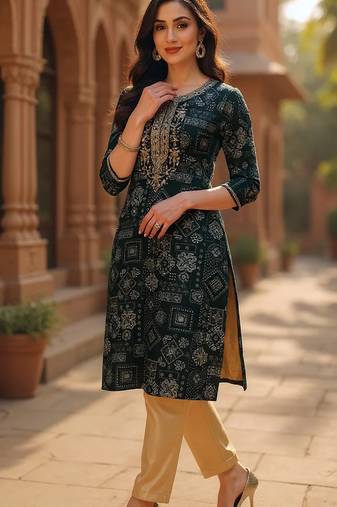 women green silk blend ethnic motifs printed straight kurta