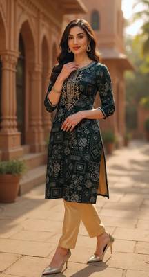 women green silk blend ethnic motifs printed straight kurta 1