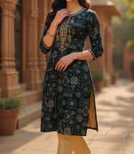 women green silk blend ethnic motifs printed straight kurta