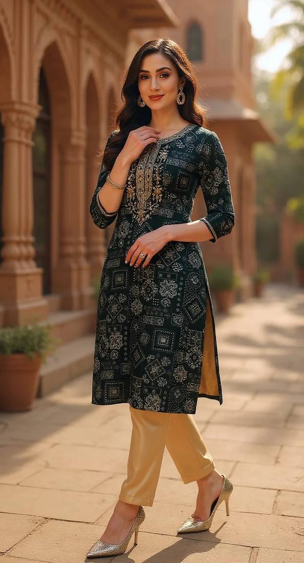 women green silk blend ethnic motifs printed straight kurta