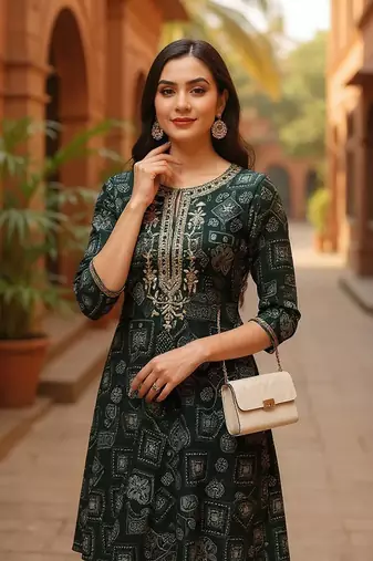 women green silk blend ethnic motifs printed straight kurta