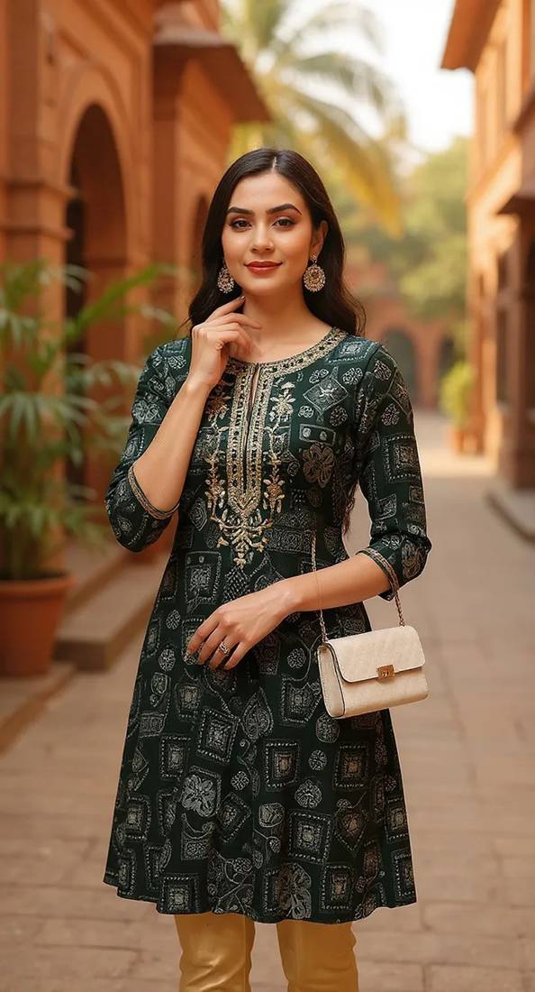 women green silk blend ethnic motifs printed straight kurta