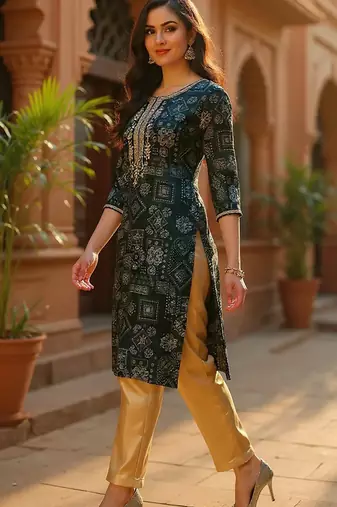 women green silk blend ethnic motifs printed straight kurta