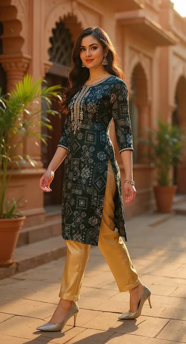 women green silk blend ethnic motifs printed straight kurta