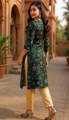 women green silk blend ethnic motifs printed straight kurta 4