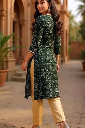 women green silk blend ethnic motifs printed straight kurta