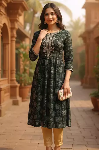 women green silk blend ethnic motifs printed straight kurta