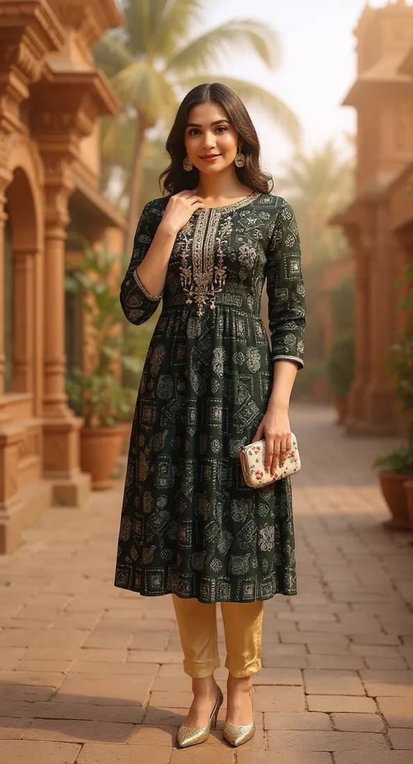 women green silk blend ethnic motifs printed straight kurta