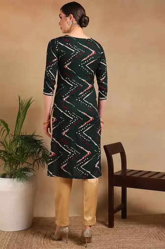 women green viscose rayon chevron printed straight kurta