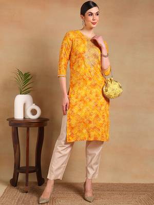 women yellow viscose rayon bandhani printed straight kurta 1