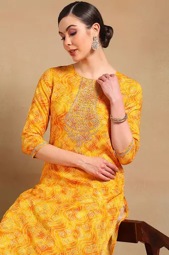 women yellow viscose rayon bandhani printed straight kurta