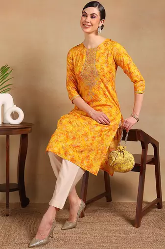 women yellow viscose rayon bandhani printed straight kurta