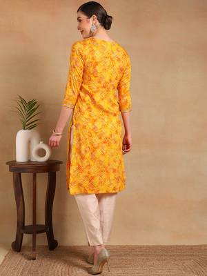 women yellow viscose rayon bandhani printed straight kurta 4