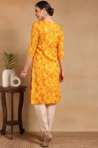 women yellow viscose rayon bandhani printed straight kurta