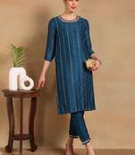 women navy blue silk blend solid embroidered straight kurta
