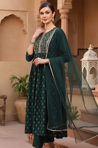 women green silk blend solid woven design flared empire kurta pant with dupatta