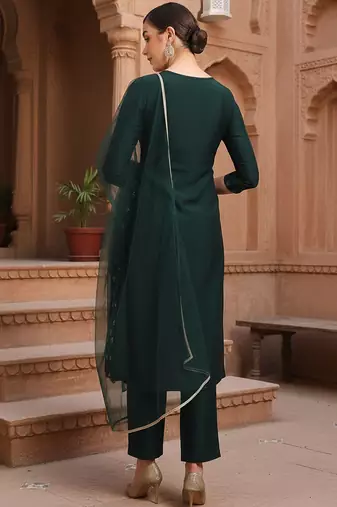 women green silk blend solid woven design flared empire kurta pant with dupatta