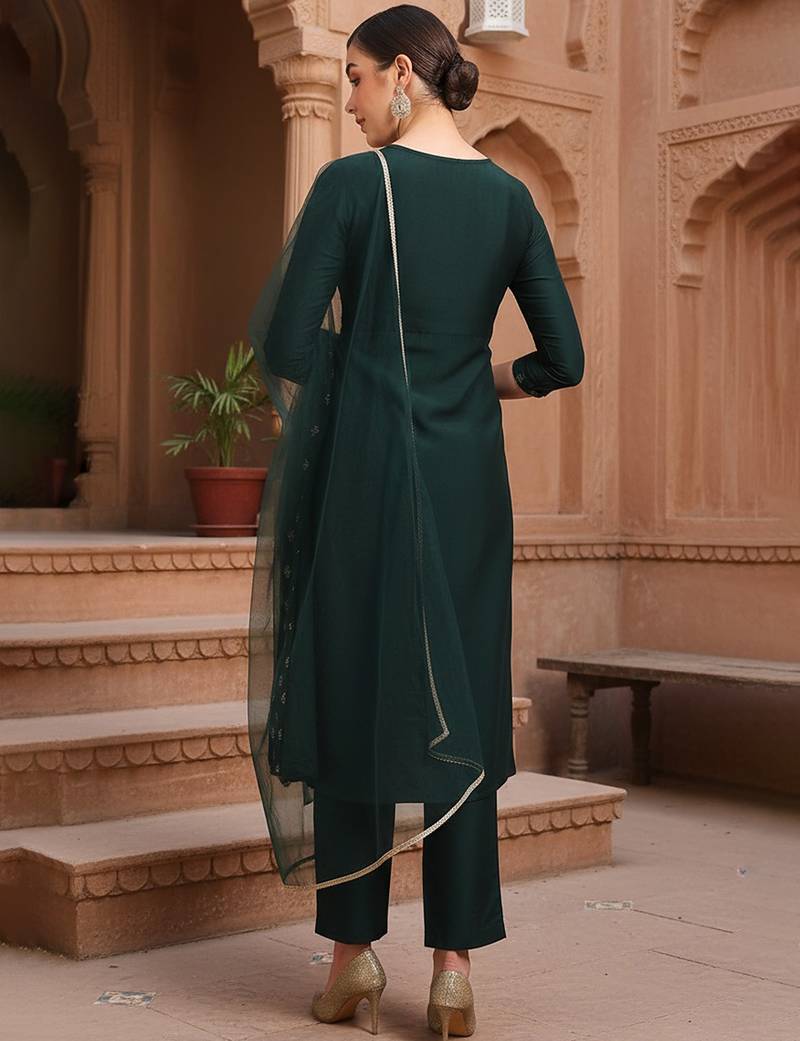 women green silk blend solid woven design flared empire kurta pant with dupatta