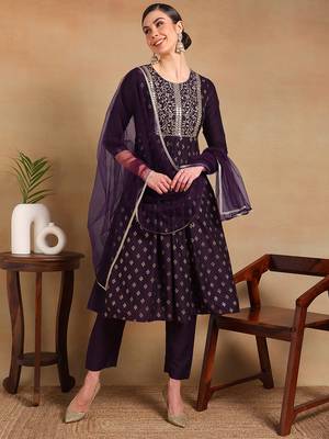 women purple silk blend solid woven design flared empire kurta pant with dupatta 1