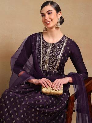 women purple silk blend solid woven design flared empire kurta pant with dupatta 2