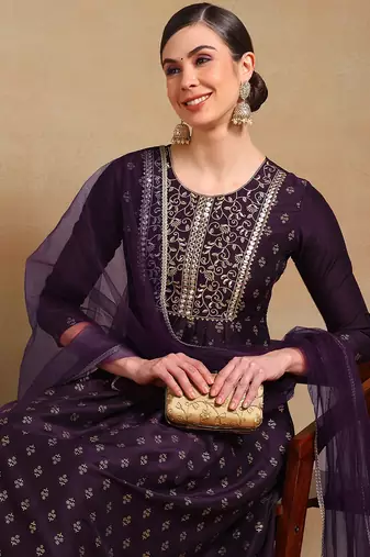 women purple silk blend solid woven design flared empire kurta pant with dupatta