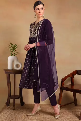 women purple silk blend solid woven design flared empire kurta pant with dupatta