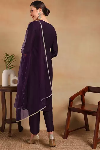 women purple silk blend solid woven design flared empire kurta pant with dupatta