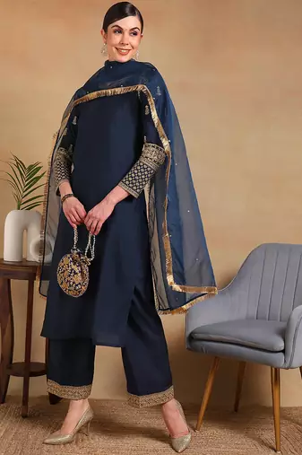 women teal silk blend solid embroidered straight regular kurta pant with dupatta