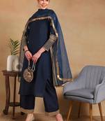 women teal silk blend solid embroidered straight regular kurta pant with dupatta