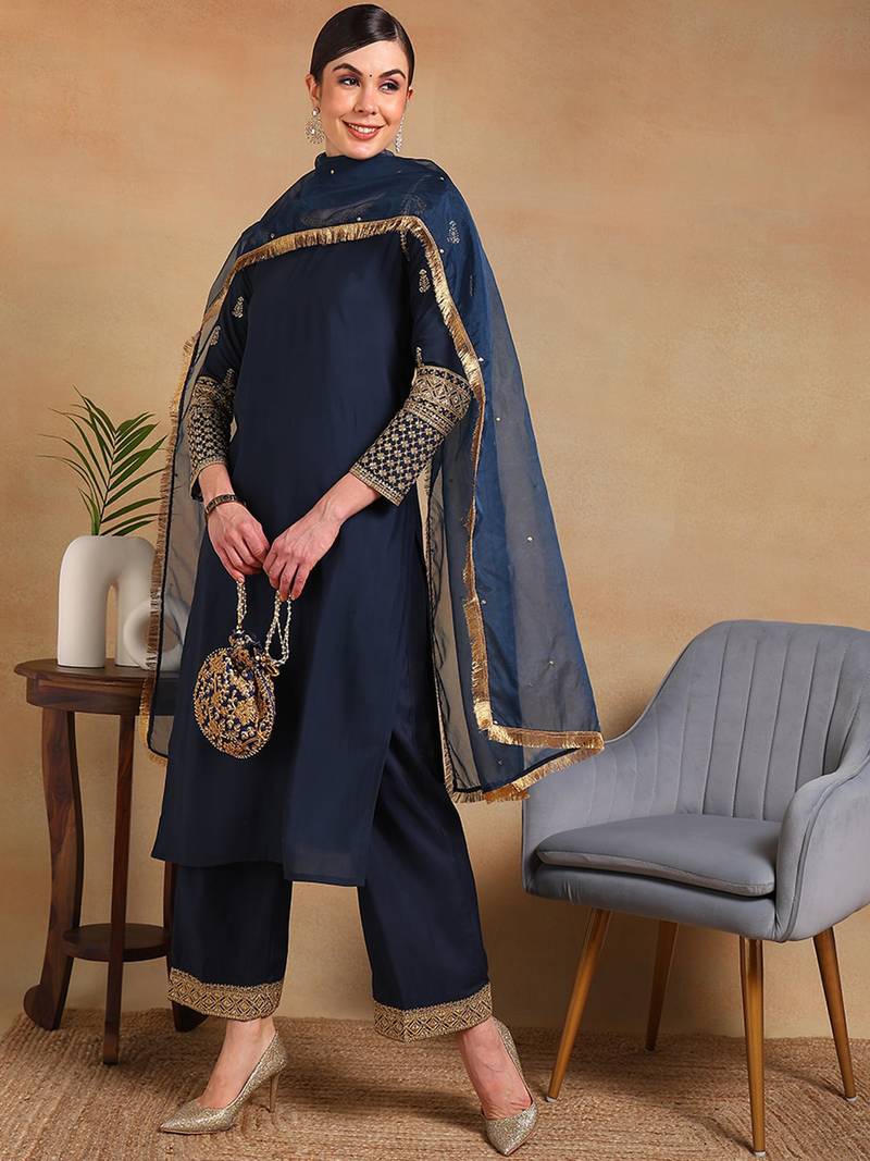 women teal silk blend solid embroidered straight regular kurta pant with dupatta