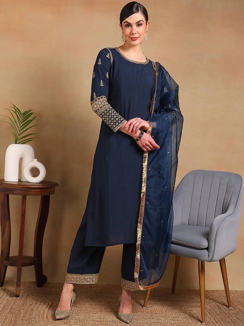 women teal silk blend solid embroidered straight regular kurta pant with dupatta