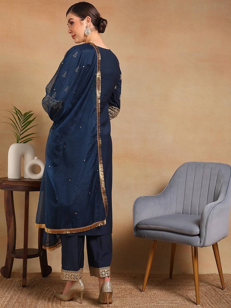 women teal silk blend solid embroidered straight regular kurta pant with dupatta