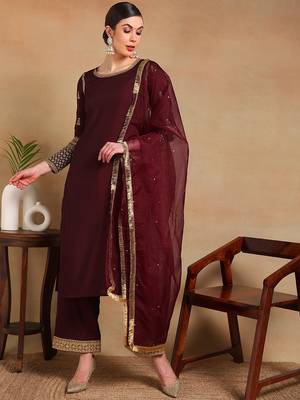 Burgundy Silk Embroidered Kurta Pant with Dupatta 1