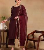 Burgundy Silk Embroidered Kurta Pant with Dupatta