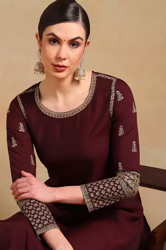 Burgundy Silk Embroidered Kurta Pant with Dupatta