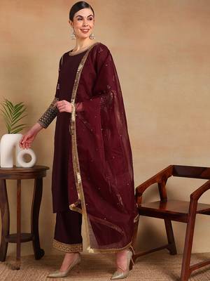 Burgundy Silk Embroidered Kurta Pant with Dupatta 3