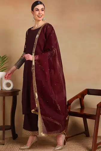 Burgundy Silk Embroidered Kurta Pant with Dupatta