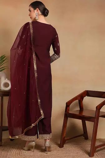Burgundy Silk Embroidered Kurta Pant with Dupatta