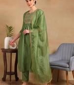 women green silk blend solid yoke design flared empire kurta pant with dupatta
