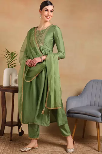 women green silk blend solid yoke design flared empire kurta pant with dupatta