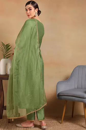women green silk blend solid yoke design flared empire kurta pant with dupatta