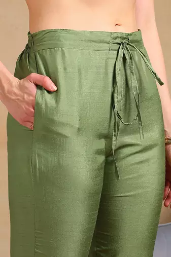 women green silk blend solid yoke design flared empire kurta pant with dupatta
