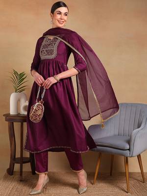 women purple silk blend solid yoke design flared empire kurta pant with dupatta 1