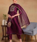 women purple silk blend solid yoke design flared empire kurta pant with dupatta
